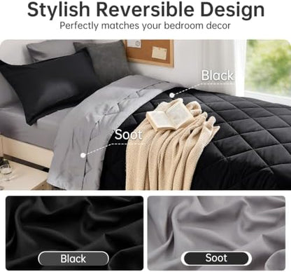 MUXHOMO 5 Pieces Twin XL Comforter Set, Reversible Bed in a Bag Twin XL Size, All Season Bedding Set with Comforter, Flat Sheet, Fitted Sheet, Pillowcases & Shams, Black & Soot