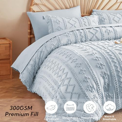MR&HM 7 Pieces Comforter Set Full, Tufted Boho Farmhouse Bed Set Dusty Blue