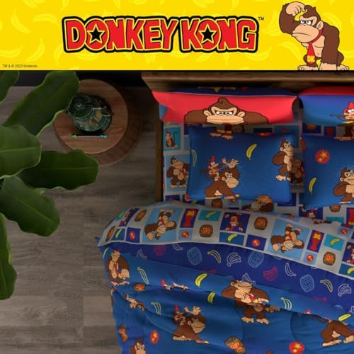 Franco Nintendo Donkey Kong Gaming Bedding 7 Piece Super Soft Reversible Comforter and Sheet Set with Sham, Queen, (Officially Licensed Product)