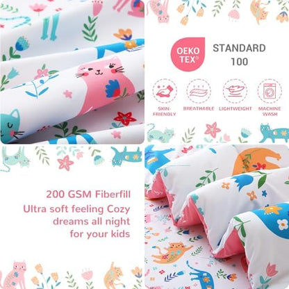Mooreeke Toddler Bedding Sets for Girls,4 Pieces Floral Cat Printed