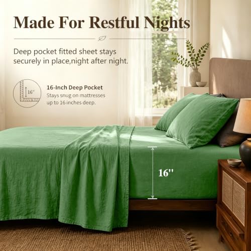 MEISHANG 100% French Linen Sheets Queen,4 Pcs,16" Deep Pocket