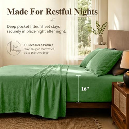 MEISHANG 100% French Linen Sheets Queen,4 Pcs,16" Deep Pocket