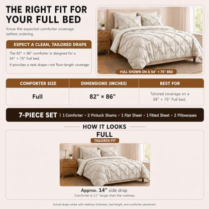 HIMEET Full Size Comforter Set Beige - 7 Pieces Pintuck Bed in a Bag