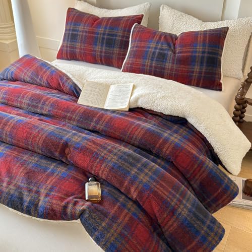 Cyusri Plaid Sherpa Comforter Set 2Pcs Fluffy Warm Fleece Down Alternative, Red Blue Grid Pattern Bedding Set with 1 Pillowcase, Twin Size 68"x90"