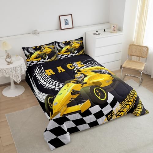 Erosebridal Go Kart Race Car Comforter Set Race Car Bed for Boys Drift Kart Toddler Bedding Sets for Boys,Black White Buffalo Checked Comforter Set Square Grid Plaid Lattice Karting Quilt,Yellow