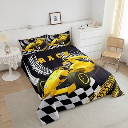 Erosebridal Go Kart Race Car Bedding Twin Comforter Set Race Car Bed for Boys Drift Kart Toddler Bedding Sets,Black White Buffalo Checked Comforter Set Square Grid Plaid Lattice Karting Quilt,Yellow