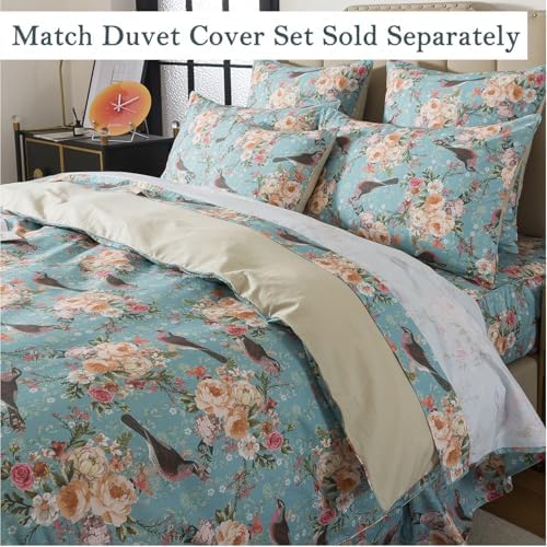 FADFAY Full Size Floral Sheets Set, 100% Cotton Bed Sheets 4 Pcs with Deep Pocket Fitted Sheet, Mint Green Vintage Botanical Bird and Flower Print Bedding, Soft Crisp & Breathable for All Seasons