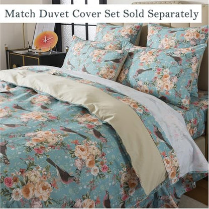 FADFAY Full Size Floral Sheets Set, 100% Cotton Bed Sheets 4 Pcs with Deep Pocket Fitted Sheet, Mint Green Vintage Botanical Bird and Flower Print Bedding, Soft Crisp & Breathable for All Seasons