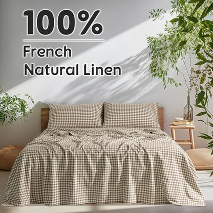 SONORO KATE 100% French Linen Queen Size Sheets Set,Natural Flax Bedding