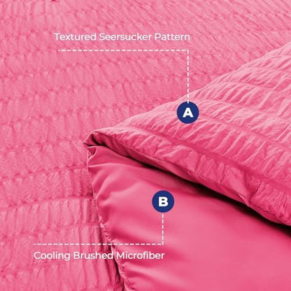 HYMOKEGE Hot Pink Queen Comforter Set Seersucker 7 Pieces, All Season Luxury Bed in a Bag Queen for Bedroom, Bedding Set with Comforter, Sheets, Pillowcases & Shams