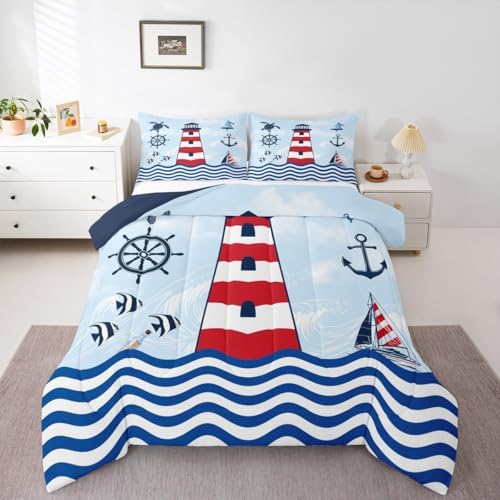 Homewish Lighthouse King Size Comforter Set,Kids Navigation Theme Decor All Season Bedding Set,Teens Anchor and Rudder Comforter,Blue Red Decor Quilt Set Bedroom Collection 3Pcs