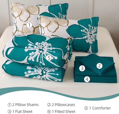 Anibedding 7Pieces Teal Grey Floral Comforter Set King Size, Soft Microfiber Grey Blue Bed in a Bag Comforter Set with Sheets for All Season