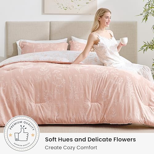 Love's cabin Dusty Rose Pink King Size Comforter Set - King Comforter Set, 3 Pieces Cute Floral Bedding Sets for All Seasons,1 Soft Reversible Botanical Flowers Comforter and 2 Pillow Shams