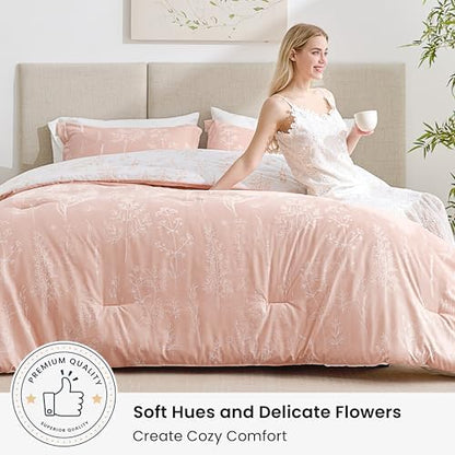 Love's cabin Dusty Rose Pink King Size Comforter Set - King Comforter Set, 3 Pieces Cute Floral Bedding Sets for All Seasons,1 Soft Reversible Botanical Flowers Comforter and 2 Pillow Shams