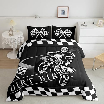 Erosebridal Boys Comforter King Dirt Bike Bedding Set, Extreme Sport Down Comforter Teens Adults Motocross Bed Set, Black White Grid Quilted Duvet, Black Reversible 3pcs Breathable