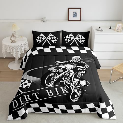 Erosebridal Boys Bedding Set Full Dirt Bike Comforter Set, Extreme Sport Duvet Insert Teens Adults Motocross Quilt Set, Black White Grid Quilted Comforter, Black Reversible 3pcs Breathable