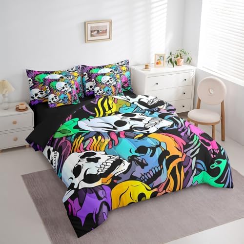 Erosebridal 7Pcs Halloween Skull Comforter Set for Kids Boys Girls Twin Size,Colorful Bones Skeleton Bedding Set,Gothic Spooky Bed in A Bag,Exotic Hippie Sheet Set with Comforter