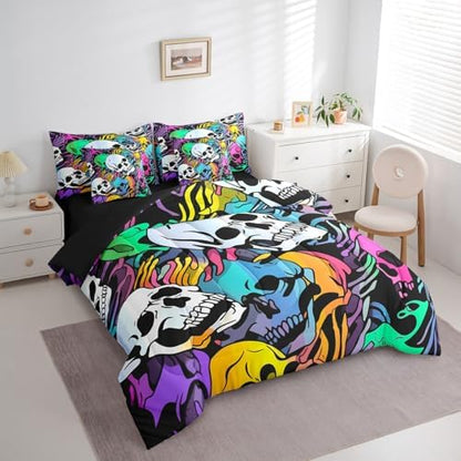 Erosebridal 7Pcs Halloween Skull Comforter Set for Kids Boys Girls Full Size,Colorful Bones Skeleton Bedding Set,Gothic Spooky Bed in A Bag,Exotic Hippie Sheet Set with Comforter