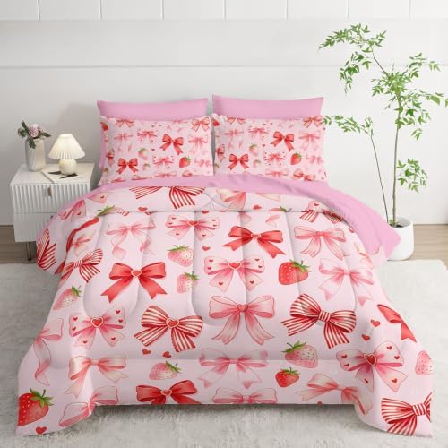 HOSIMA 7 Pieces Strawberry Bow Twin Bedding Sets for Girls Bedroom Decor.