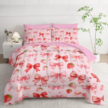 HOSIMA 7 Pieces Strawberry Bow Twin Bedding Sets for Girls Bedroom Decor.