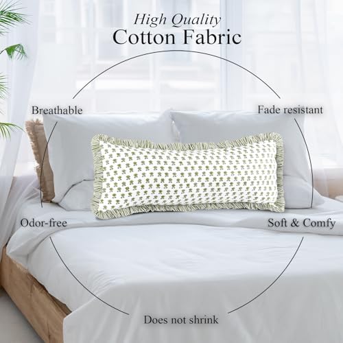 CPC Block Print Lotus Meadow Ruffle Cotton Lumbar Pillow Cover 14x36 inch