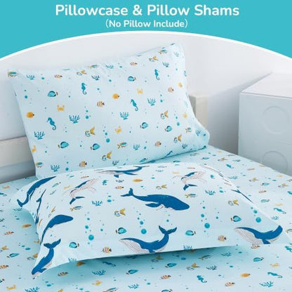Viviland Kids Bedding Set Full Size Comforter Sets, Bed in Marine Whale Cover Set for Children