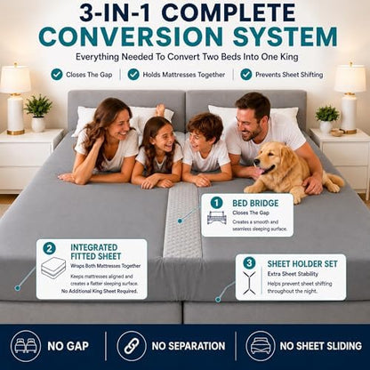 3-in-1 Split King Gap Filler for Adjustable Bed, Gray, 79"x79"