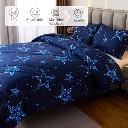 Caressma Blue Comforter Set Star Full Size 3pcs with Pillowcases