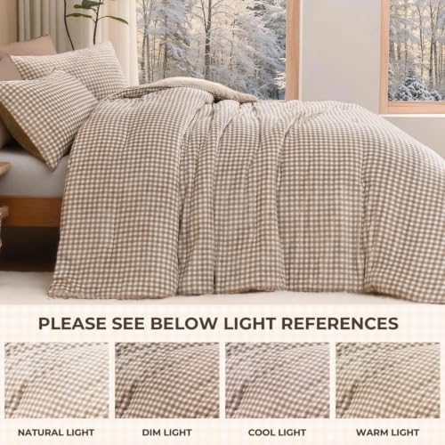 Litanika Velvet Flannel Gingham Comforter Set King, 3 Pcs Tan Bedding