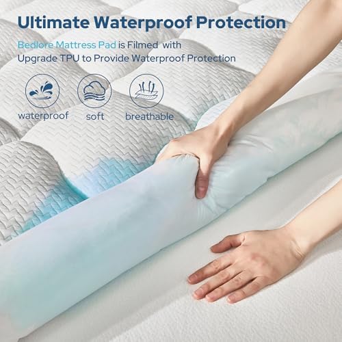 BEDLORE Waterproof Full Size Mattress Pad, Breathable Mattress Protector with 6-15 Inch Deep Pocket, Quilted Fitted Mattress Topper Bed Cover, Noiseless & Machine Washable