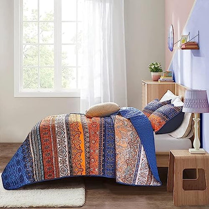 WONGS BEDDING Boho Full Quilt Bedding Set, 3 Pieces Bedspread, Blue Orange