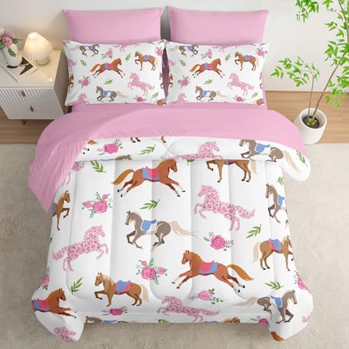 HOSIMA Girls 7Pcs Kawaii Pink Rose Horse King Comforter Set with Sheets.