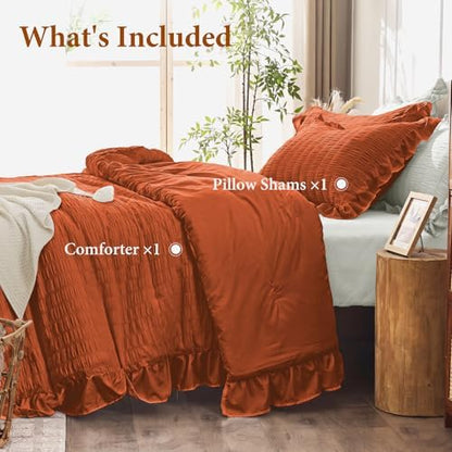 JOLLYVOGUE Burnt Orange Twin Size Comforter Set, 2 Pieces Seersucker Lightweight Fluffy Bedding Set, Twin Ruffle Comforter, All Season Soft Microfiber Shabby Chic Bed Set