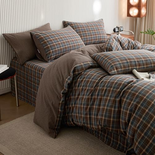 LifeTB Vintage Blue&Brown Plaid Duvet Cover Set Twin XL, 100% Washed Cotton Gingham Duvet Cover, Lightweight Soft&Breathable Retro Plaid Checkered Comforter Cover Grid Farmhouse Bedding Set