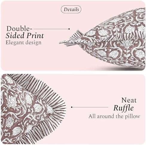 CPC Block Print Mocha Regal Ruffle Cotton Lumbar Pillow Cover 14x36 inch