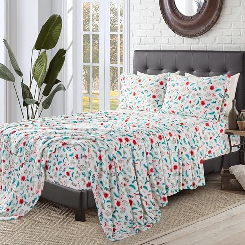 Elegant Comfort Luxuriously Soft 4-Piece Holiday Velvet Plush Flannel Sheet Set - Premium Quality - Cozy Warm, Christmas Fuzzy Velvet Flannel Fleece Deep Pocket Sheet Set - Cal King, Winter Bloom