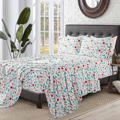 Elegant Comfort Luxuriously Soft 4-Piece Holiday Velvet Plush Flannel Sheet Set - Premium Quality - Cozy Warm, Christmas Fuzzy Velvet Flannel Fleece Deep Pocket Sheet Set - Queen, Winter Bloom