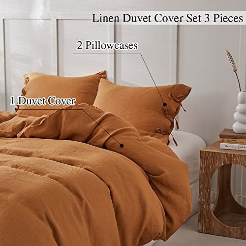 Simple&Opulence 100% Linen Duvet Cover Set 3pcs with Bowknot Ties Closure Natural French Washed Flax Solid Color Soft Breathable Farmhouse Bedding - Rust, King Size