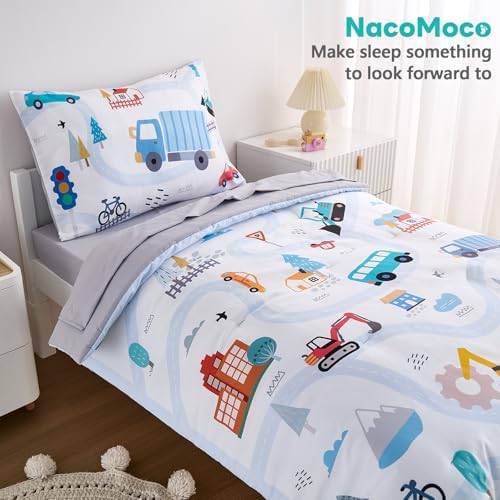 4-Piece Cars Toddler Bedding Set for Boys Girls- Soft & Skin Friendly Toddler Bed Set Includes Toddler Comforter, Flat Sheet, Fitted Sheet and Pillowcase (Light Blue)