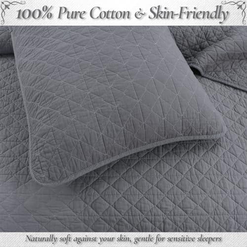 Cozy Line Home Fashions 100% Cotton Quilt Set – 3-Piece Charcoal Gray Solid Classic Modern Quilted Bedspread with Shams, Lightweight All Season Modern Bedding (Diamond Gray, Queen)