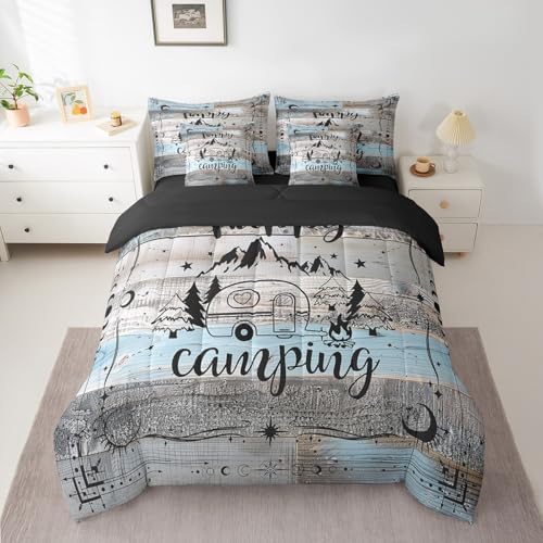Erosebridal Rustic Camper Comforter Set 7 Piece Queen Camping Bunk Bed in A Bag Boho Moon Stars Rv Camper Decor Bedding Set for Travel Trailers,Camping Car Inside Accessories Bed Set Blue Grey