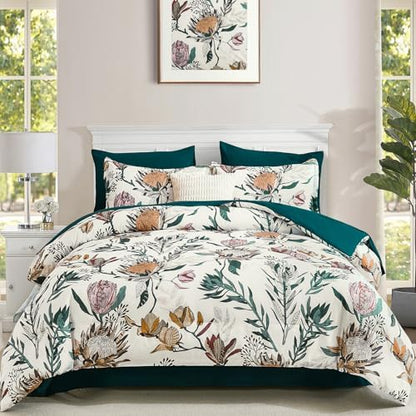 Luxudecor Floral Comforter Set King Bed in a Bag Set,7 Pieces Beige Floral Comforter and Sheet Set,Soft Microfiber Bedding Sets for All Seasons (Beige,104"X90")