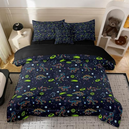 6pcs Dinosaur Comforter Set for Boys,Queen Size Bedding Sets for Teen,Kids Comforter Set with 1 Quilt+1 Flat Sheet+1 Fitted Sheet+2 Pillowcases+1 Cushion Cover(Dinosaur-D Queen)