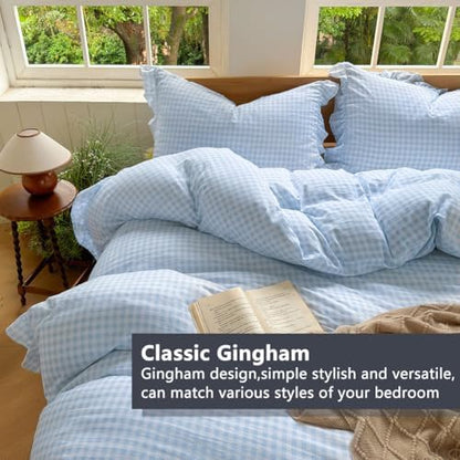 NSNLGSGC Light Blue Gingham Ruffle King Duvet Cover