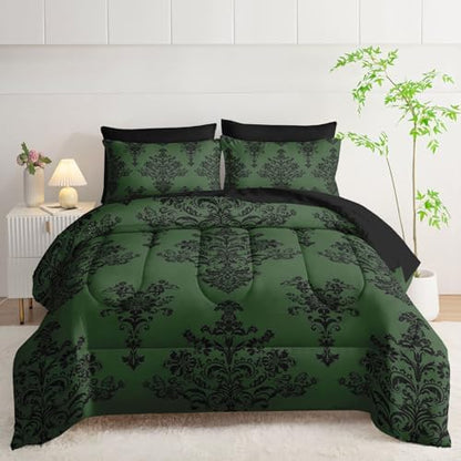 7Pcs Comforter Set Black Retro Pattern Printed Bedding Set with 1 Comforter,1 Flat Sheet,1 Fitted Sheet and 4 Pillowcases for Men and Women Bedroom All Season(King)