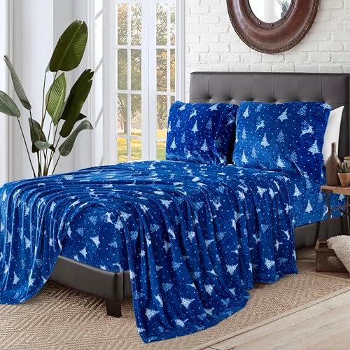 Elegant Comfort Luxuriously Soft 4-Piece Holiday Velvet Plush Flannel Sheet Set - Premium Quality - Cozy Warm, Christmas Fuzzy Velvet Flannel Fleece Deep Pocket Sheet Set - King, Artic Blue Christmas