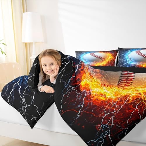 Erosebridal Baseball Comforter for Kids Teens, Sport Theme Bedding Full Size for Boys Softball Quilt Set Ice Fire Print Duvet Set, Ball Gaming Gamer Comforter Set Red Blue Black Bedroom Decor 3Pcs