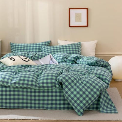 mixinni Green Gingham Grid Duvet Cover Full, 100% Washed Cotton Modern Geometric Bedding Set with 2 Pillowcases, Farmhouse Style Blue Plaid Comforter Cover Set for Men & Women, Soft & Lightweight