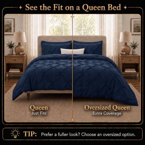 CozyLux Oversized Queen Comforter Set Navy, 7 Pieces Pintuck Bed in a Bag