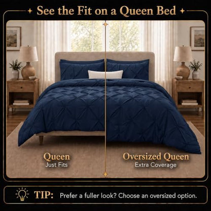CozyLux Oversized Queen Comforter Set Navy, 7 Pieces Pintuck Bed in a Bag